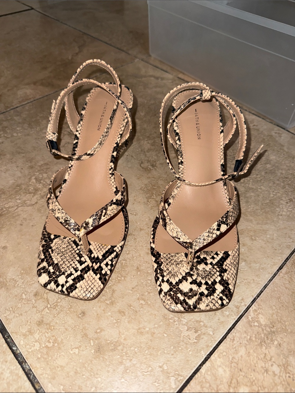 14th & Union Beige and Black Snake-Print Strappy Sandals